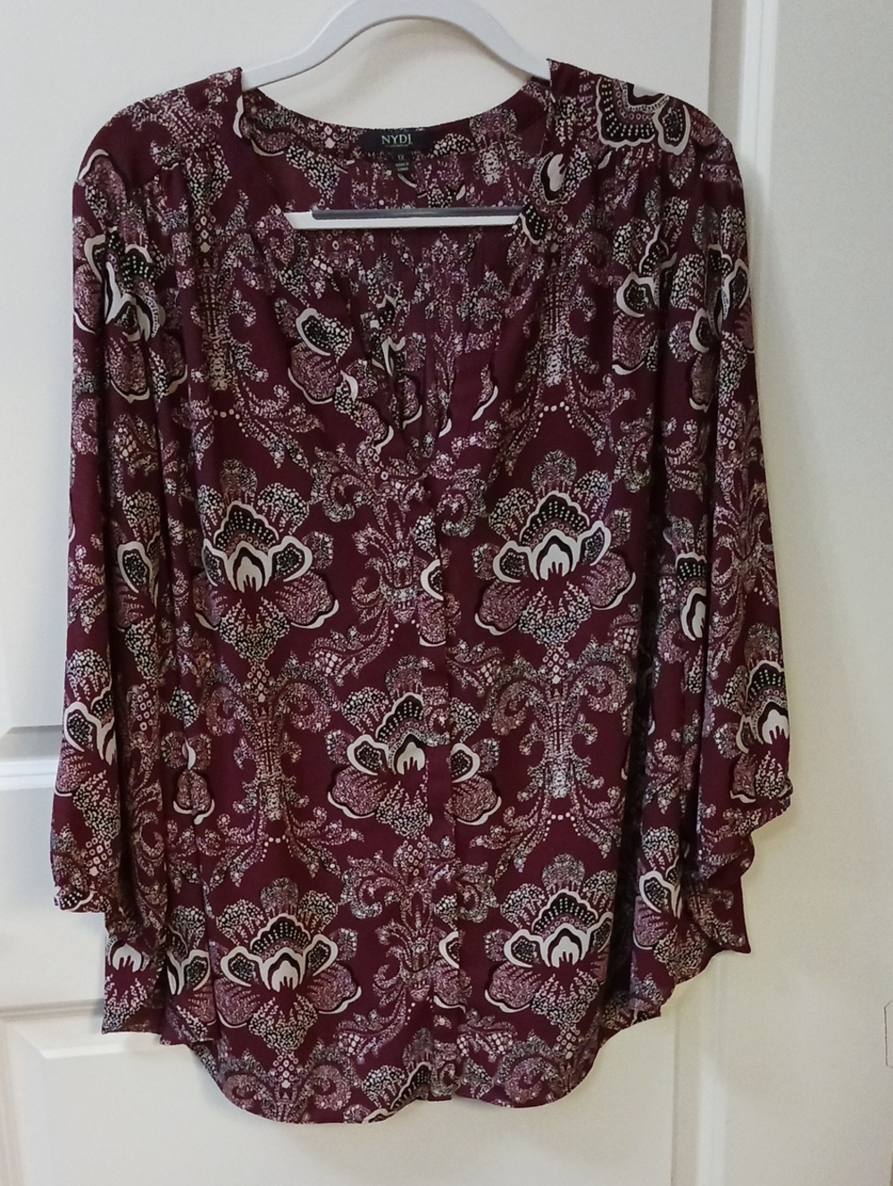 NYDJ Maroon Floral Split-Neck Blouse